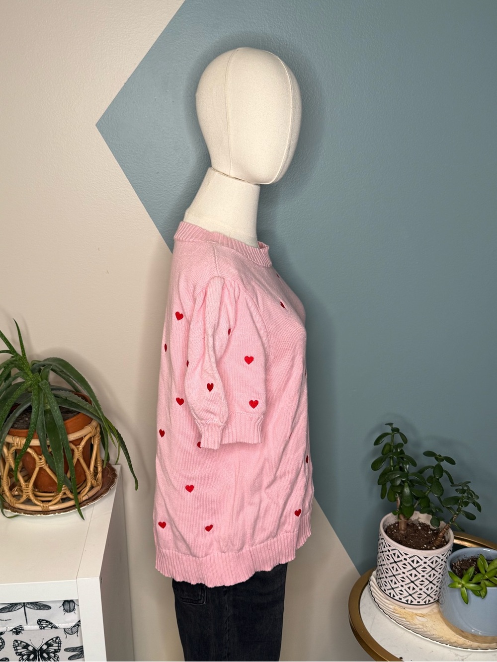 Pink Heart Puff Sleeve Cotton Sweater 2X Coquette Romantic Hearts Knit Top - Picture 4 of 10